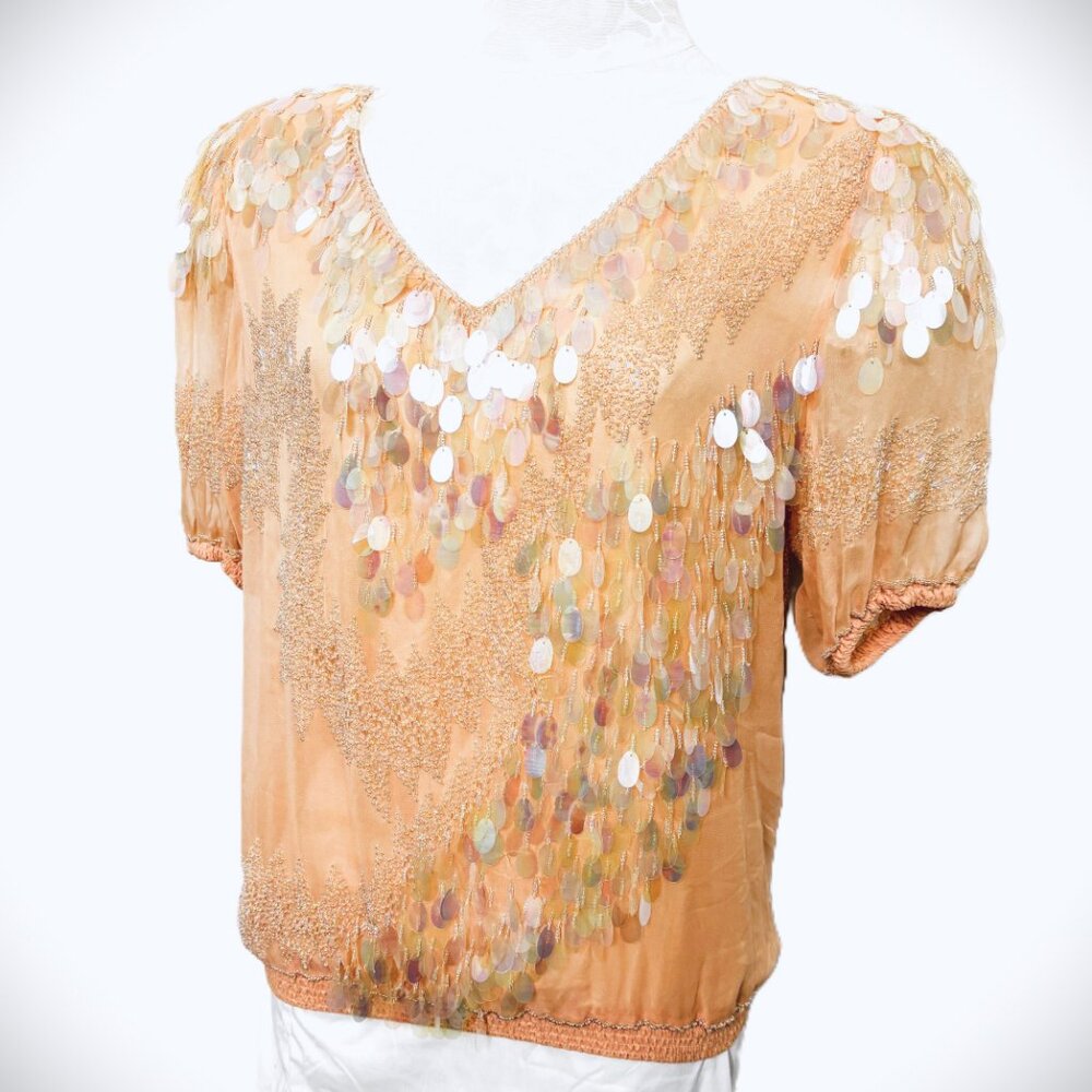 VTG Oleg Cassini 100% Silk 80s Champagne Iridescent Beaded fringe Formal Top Med